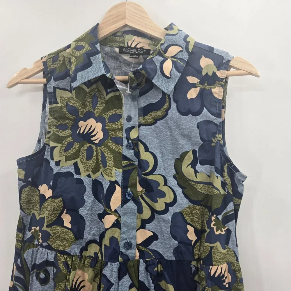 Rachel Zoe Blue Green Cotton Floral Collared Maxi Dress NWOT Size XS